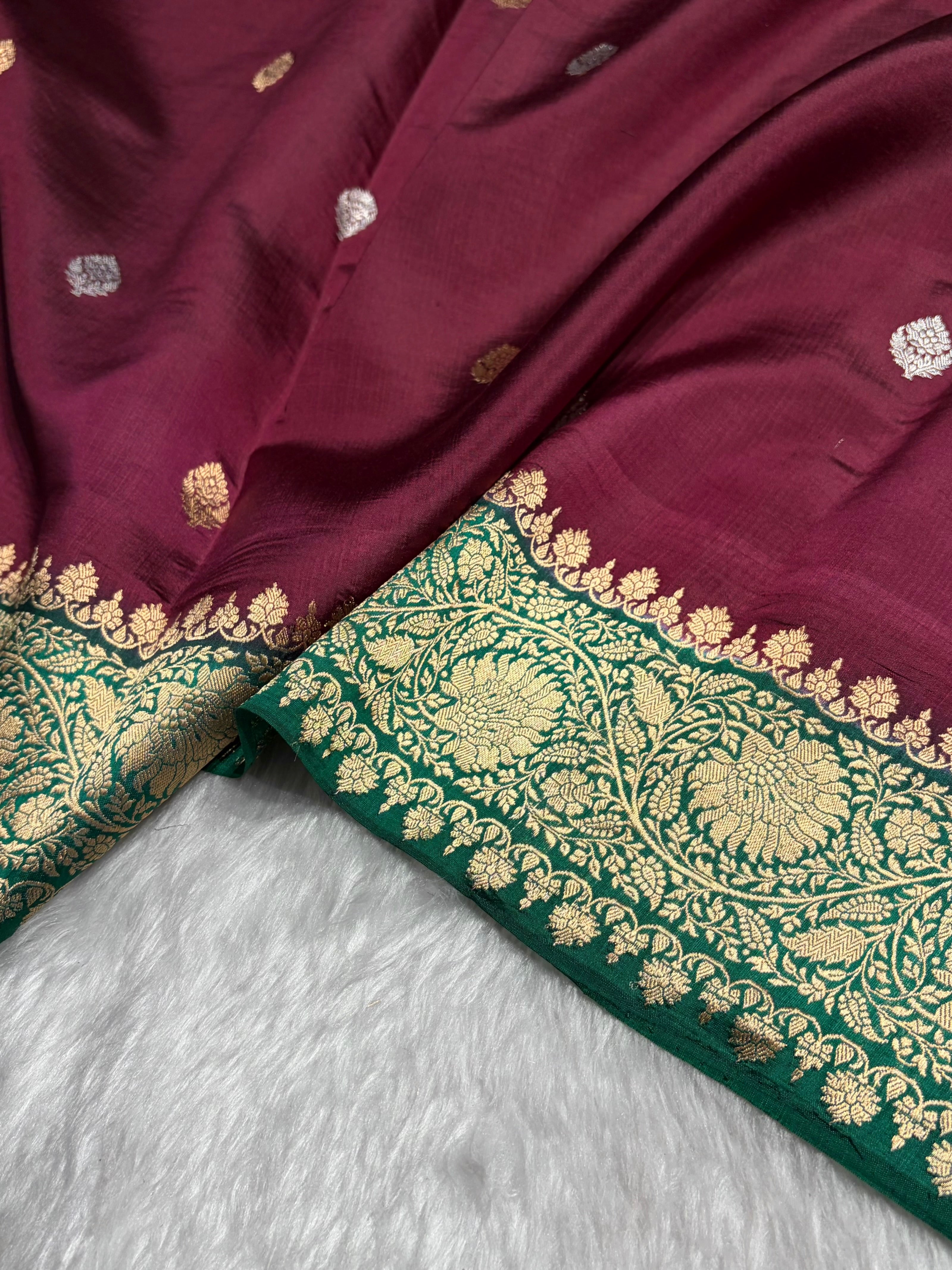 Contrast Wine With Bottle Green Boota Handwoven Pure Katan Raw Mango Silk RM-33