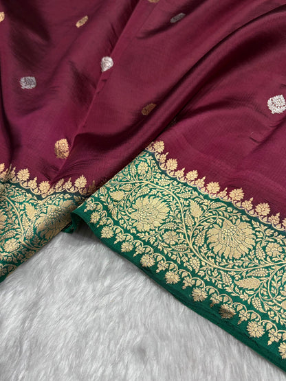 Contrast Wine With Bottle Green Boota Handwoven Pure Katan Raw Mango Silk RM-33