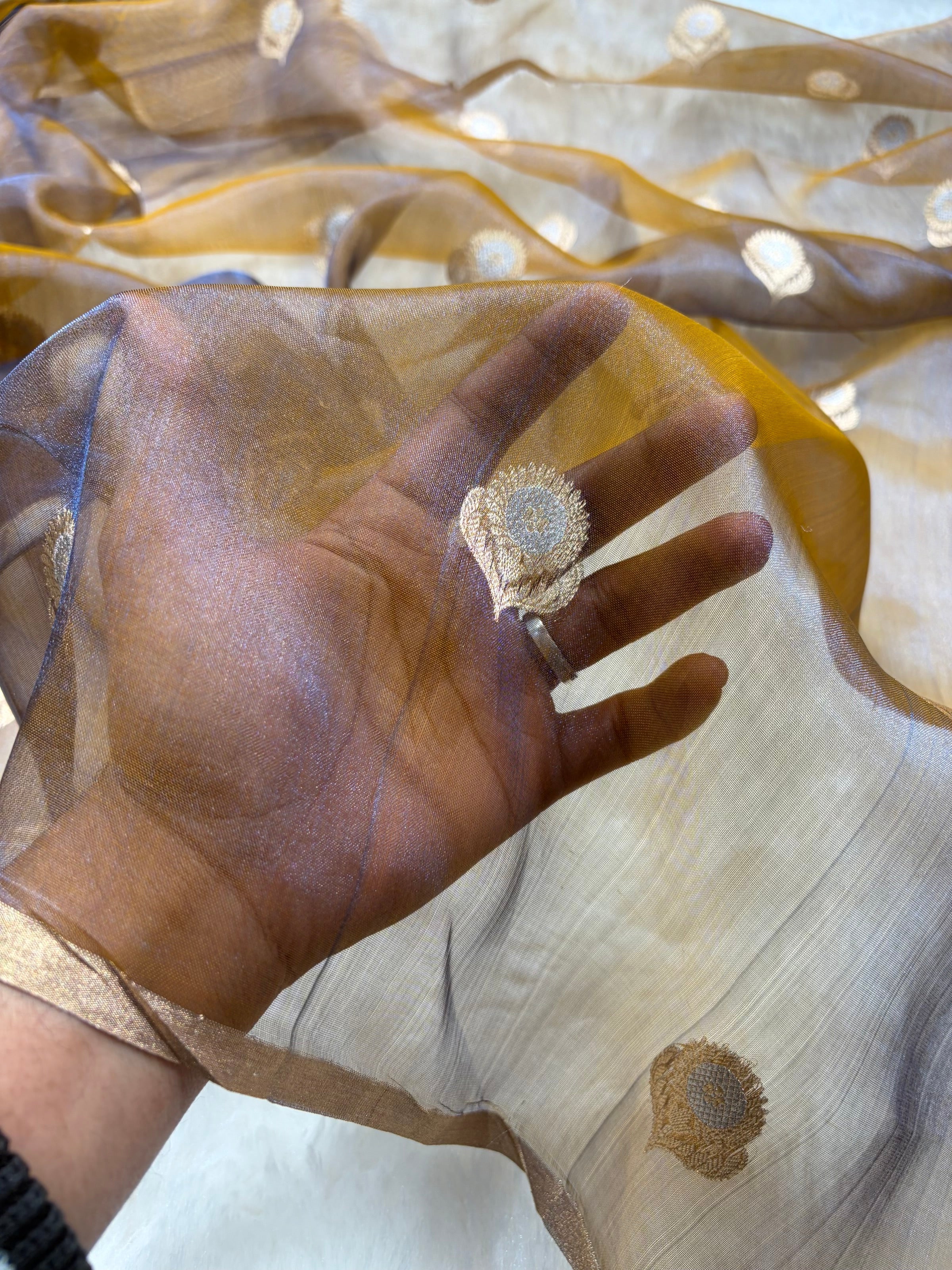 Cross Mustard Blue Bananasi Floral Shades Pure Tissue Silk Saree PT-36