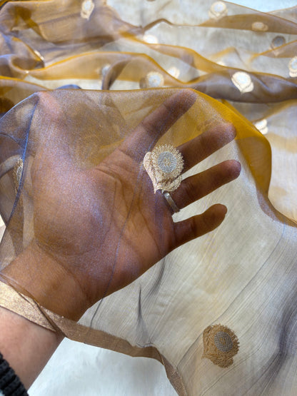 Cross Mustard Blue Bananasi Floral Shades Pure Tissue Silk Saree PT-36