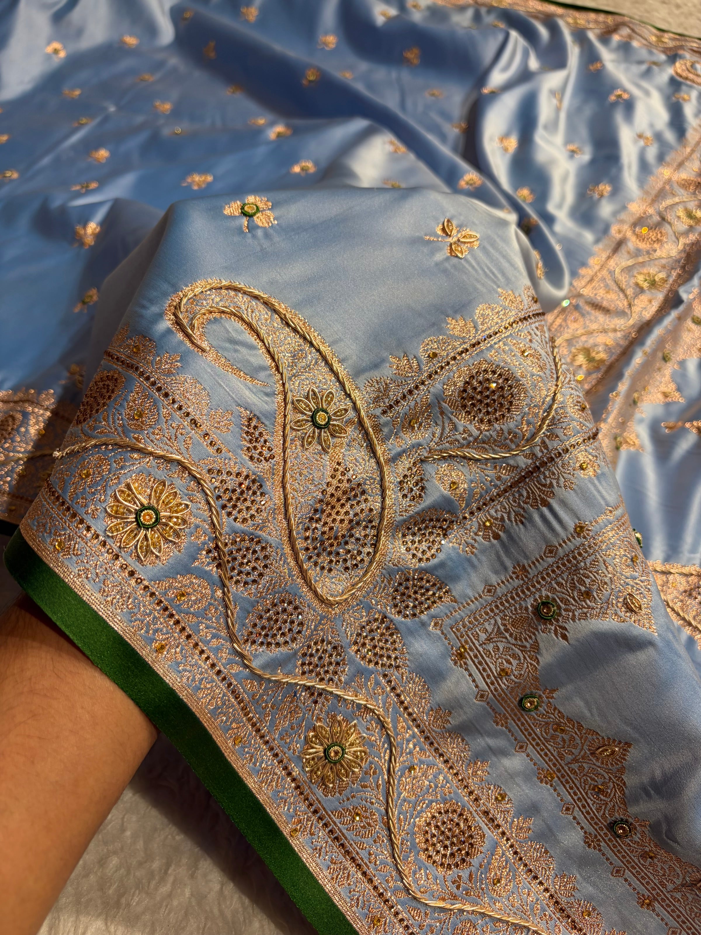 Sky Blue Shades Booti Katan Silk Saree with Stone & Zardozi Work BSK09