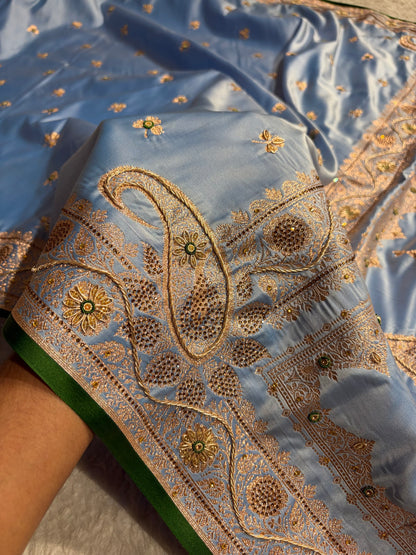Sky Blue Shades Booti Katan Silk Saree with Stone & Zardozi Work BSK09