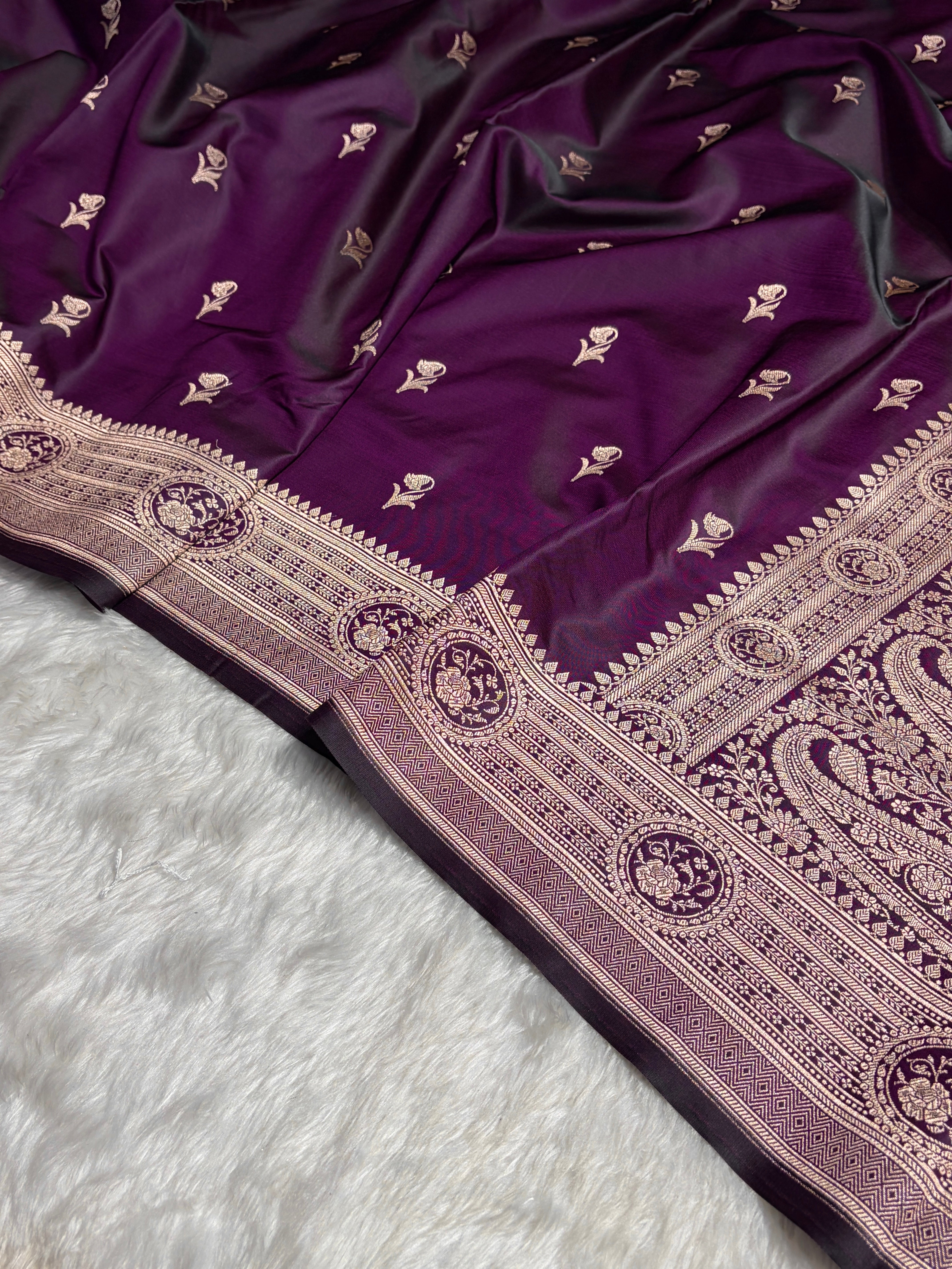 Dark Purple Boota With Floral Border Mashru Silk Saree MSM-96