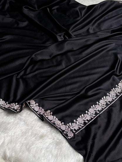 Black With Floral Border Mashru Silk Saree MS80
