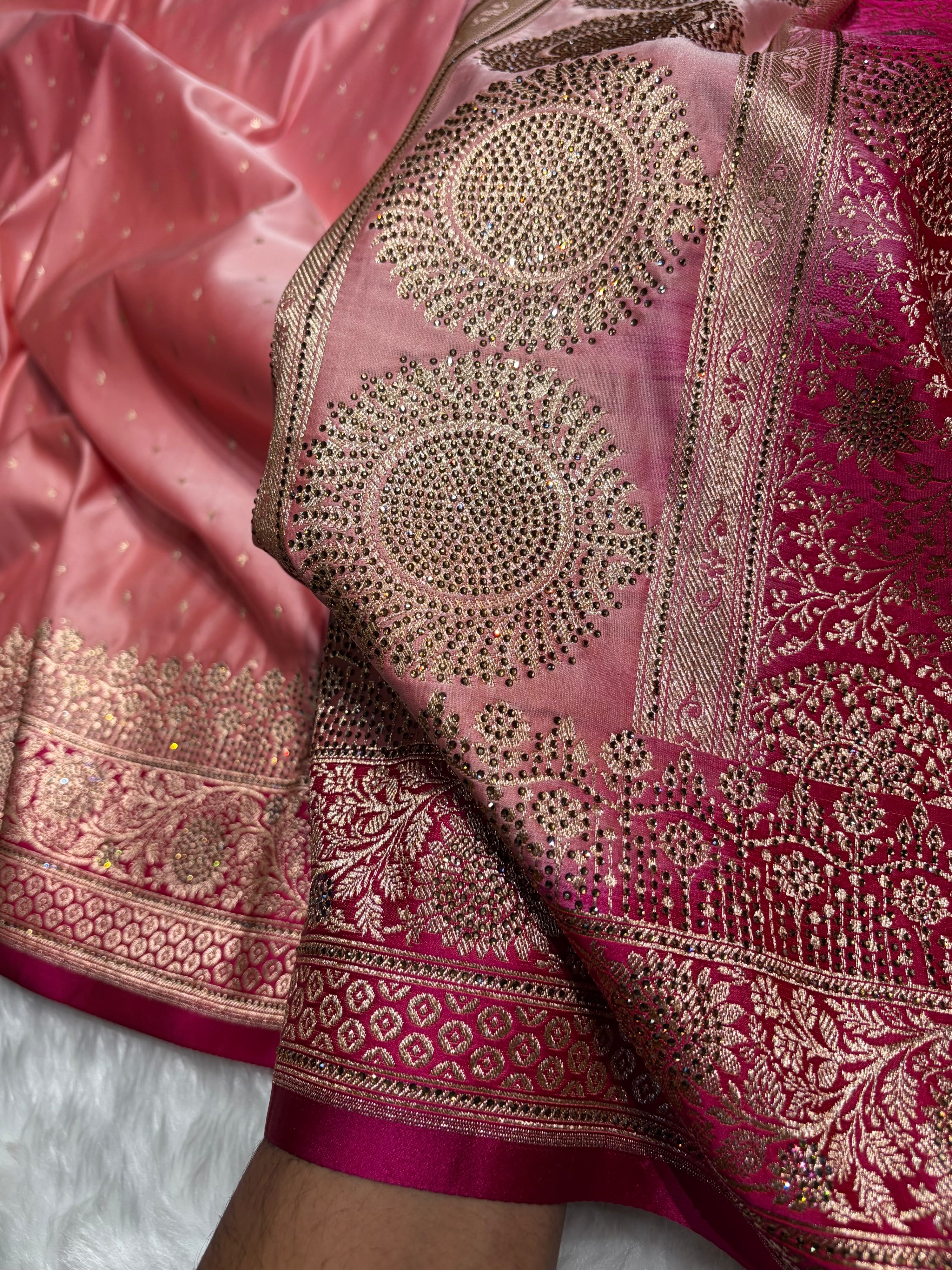 Baby Pink with Wine shades Swarovski Work Booti Satin Katan Silk saree BSK36