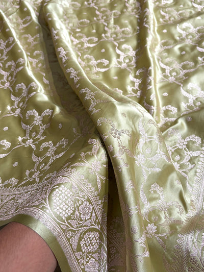Pista Shades Banarasi With Floral Jaal Pattern Mashru Silk Saree MSM-134