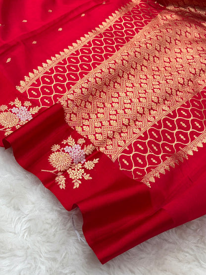 Banarasi Red Shades Meena Boota Handwoven Pure Paper Silk RM-72