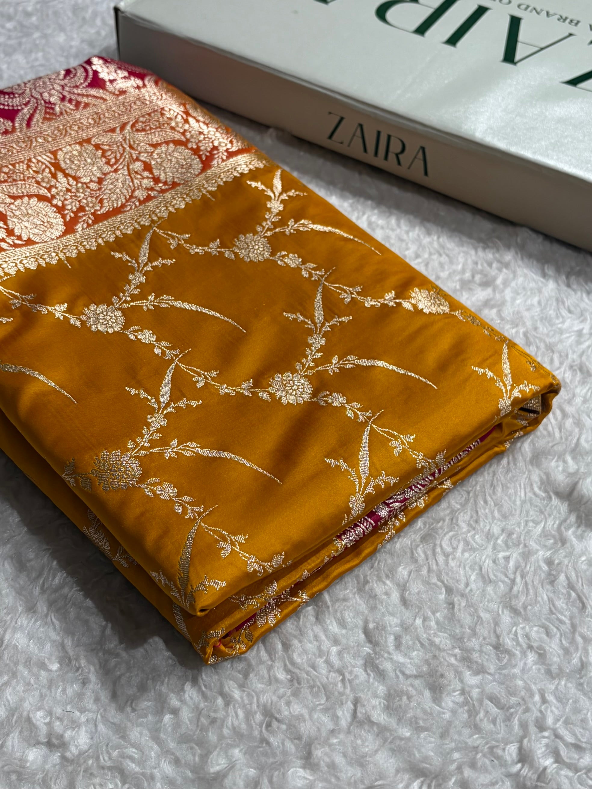 Contrast Banarasi Satin Katan Saree With Boota in Mustard With Rani Shades SK115