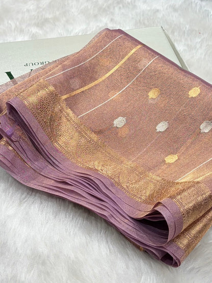 Pinkish Tusser Bananasi Floral Shades Pure Tissue Silk Saree PT-47
