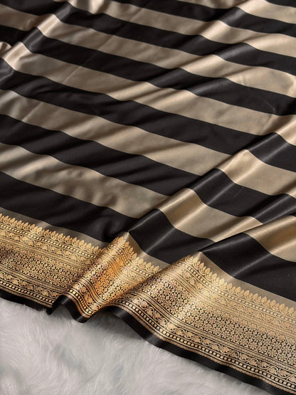 Gray With Black Horizontal Strips Floral Border & Brocket Blouse Mashru Silk Saree MSM-84