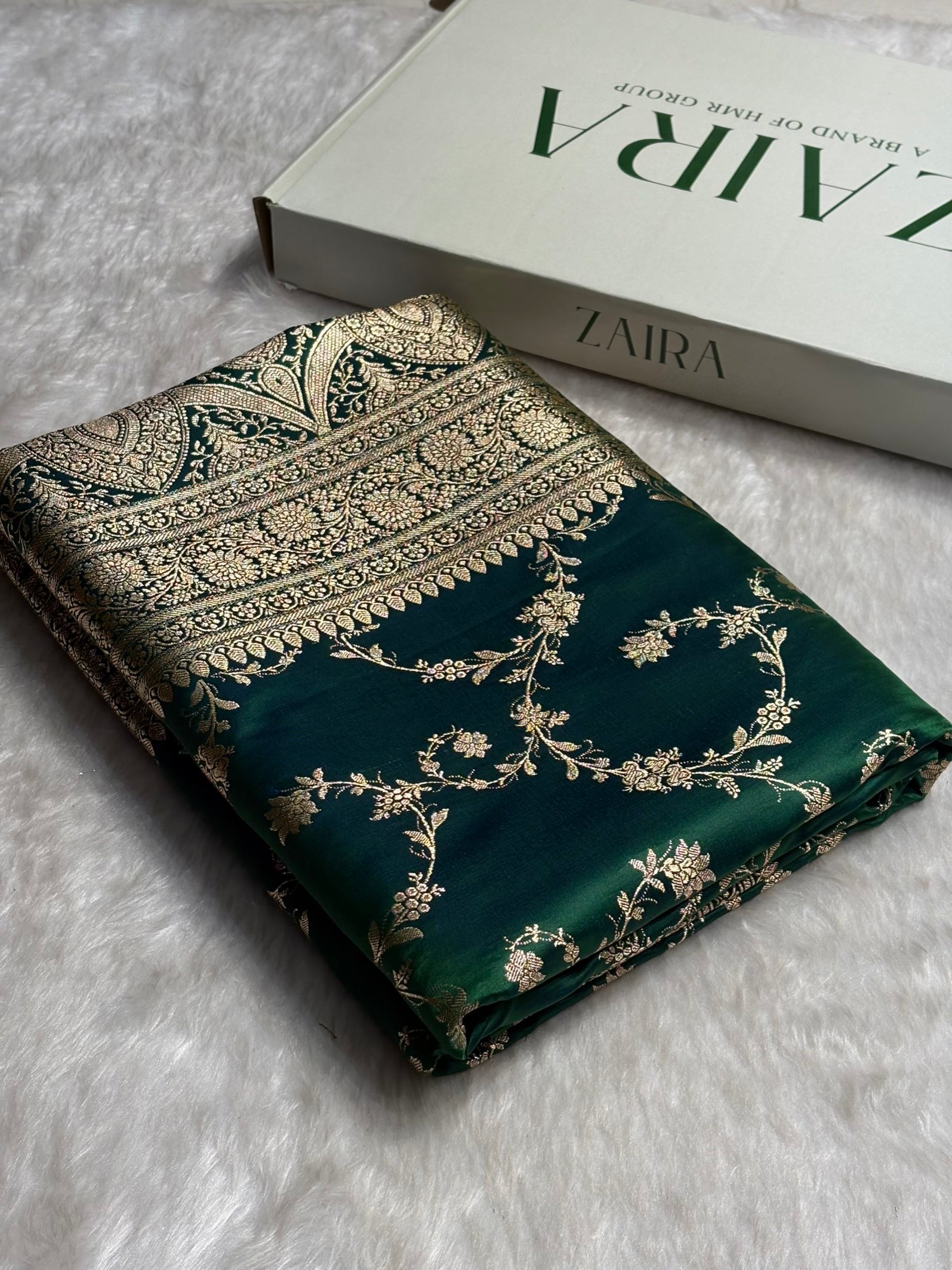 Bottle Green Cross Floral Jaal Pattern Satin Katan Silk saree SK60