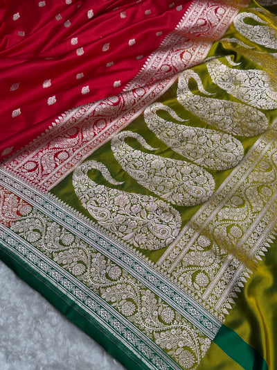 Banarasi Cross Red With Contrast Liril Green Floral Border Mashru Silk Saree MSM-101