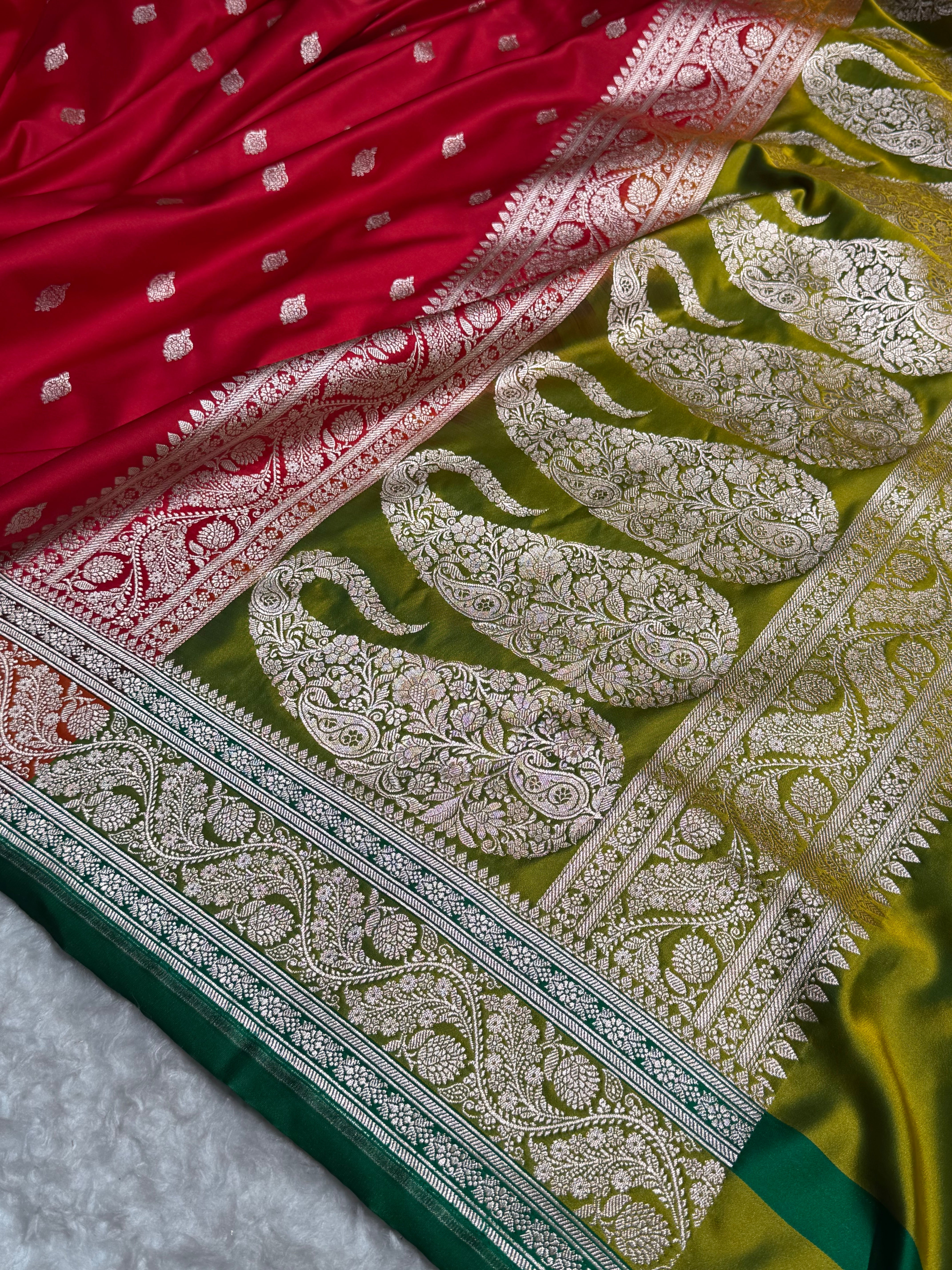 Banarasi Cross Red With Contrast Mustard Floral Border Mashru Silk Saree MSM-101