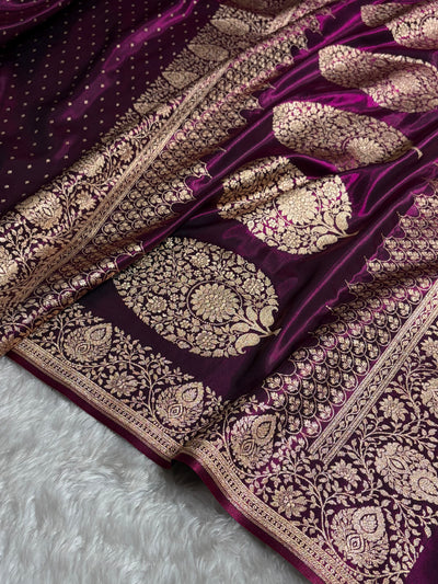 Satin Silk Saree Floral Boota in Wine Shades SS28