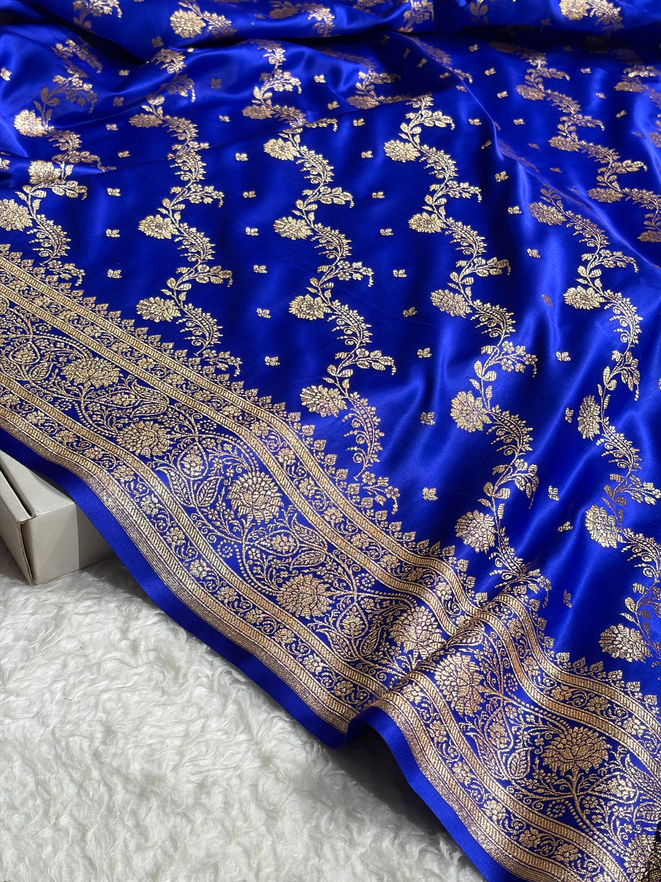 Banarasi Satin Katan Saree With Jaal Pattern in Royal Blue Shades SK121