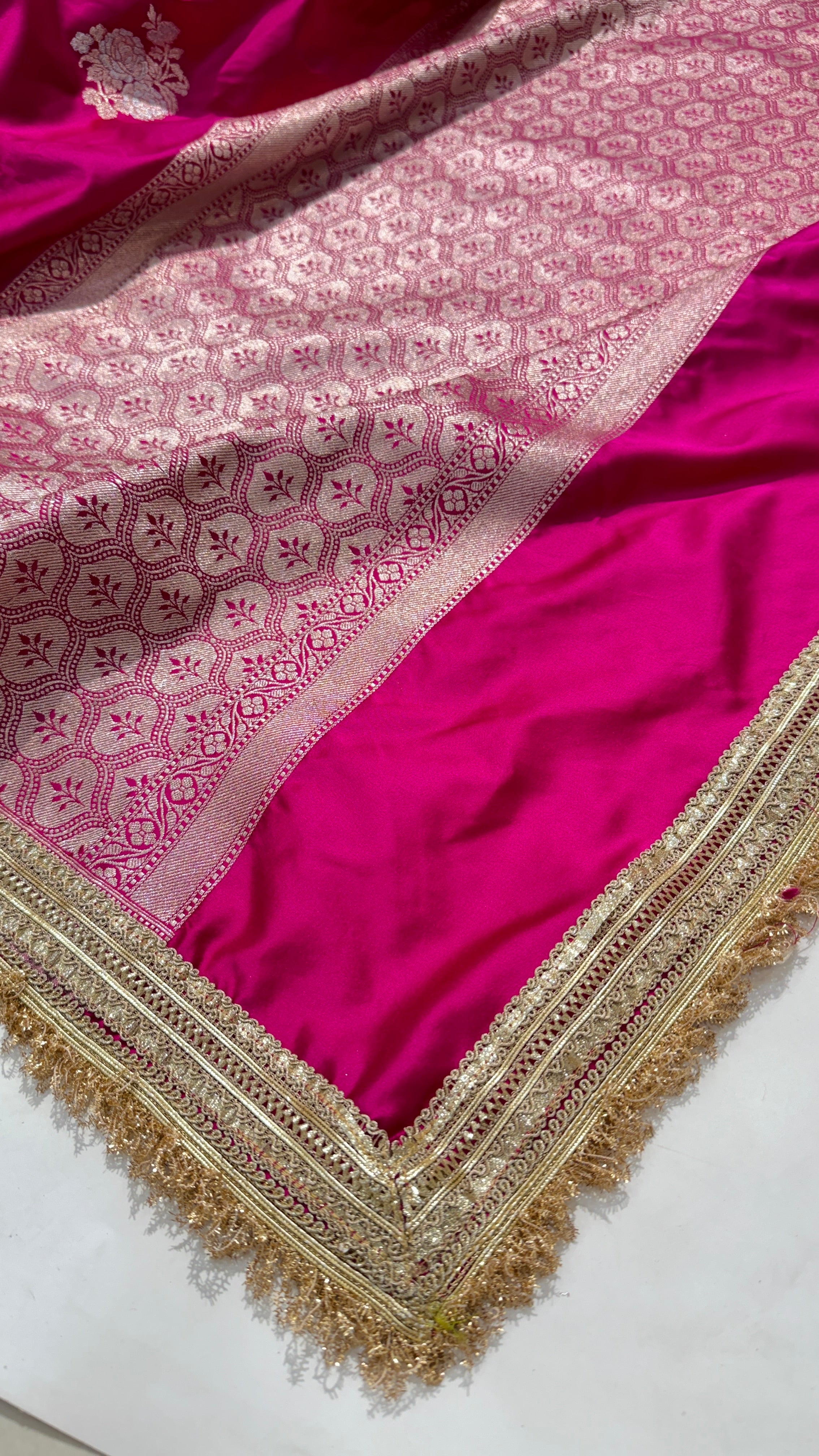 Gulabi Rani Pink Minakari Boota Mashru Silk Saree with gotta Patti