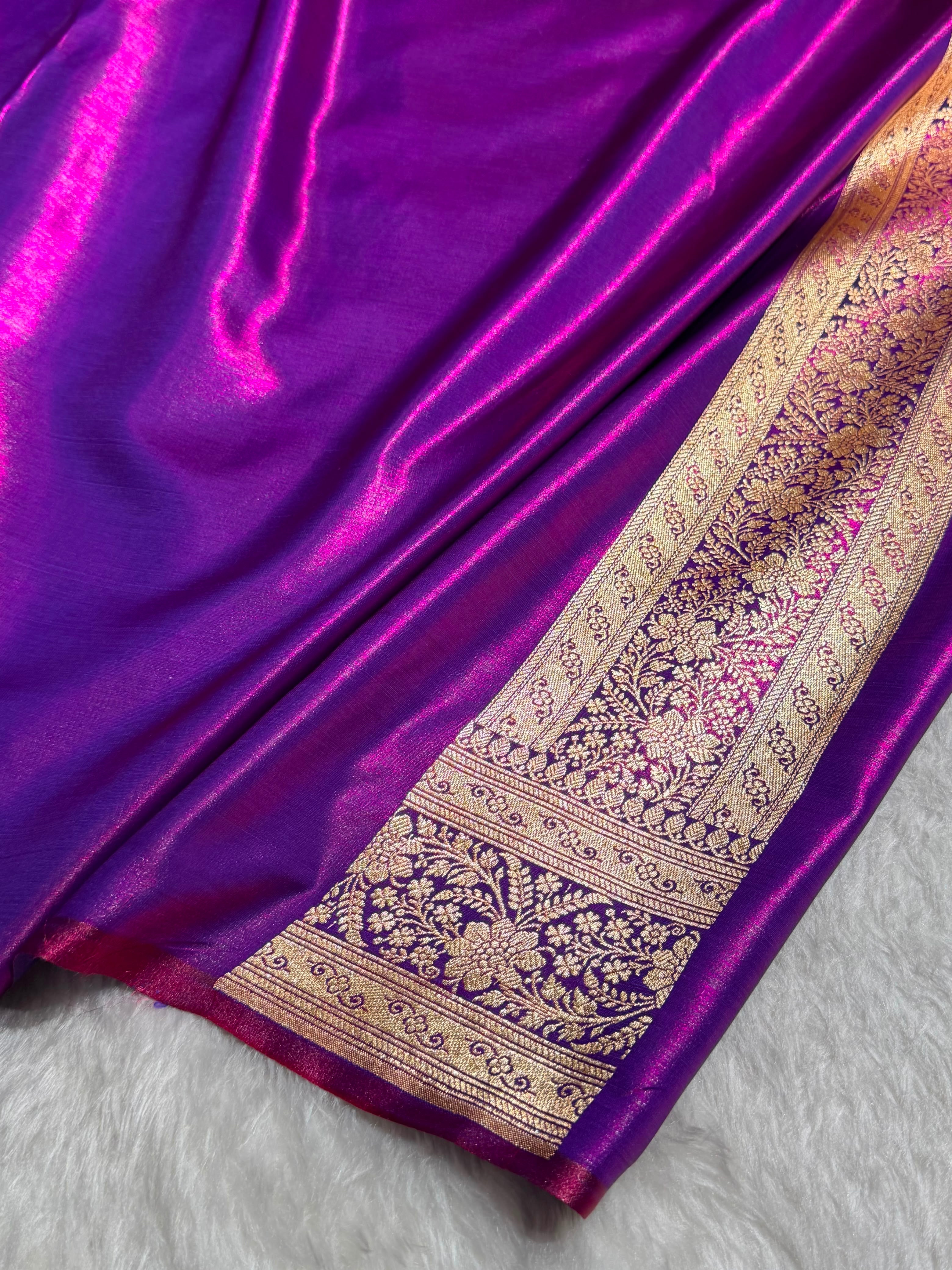 Cross Purple Shades Stripe Pattern Banarasi Satin Silk Saree SS46