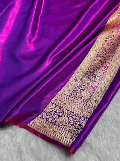 Cross Purple Shades Stripe Pattern Banarasi Satin Silk Saree SS46