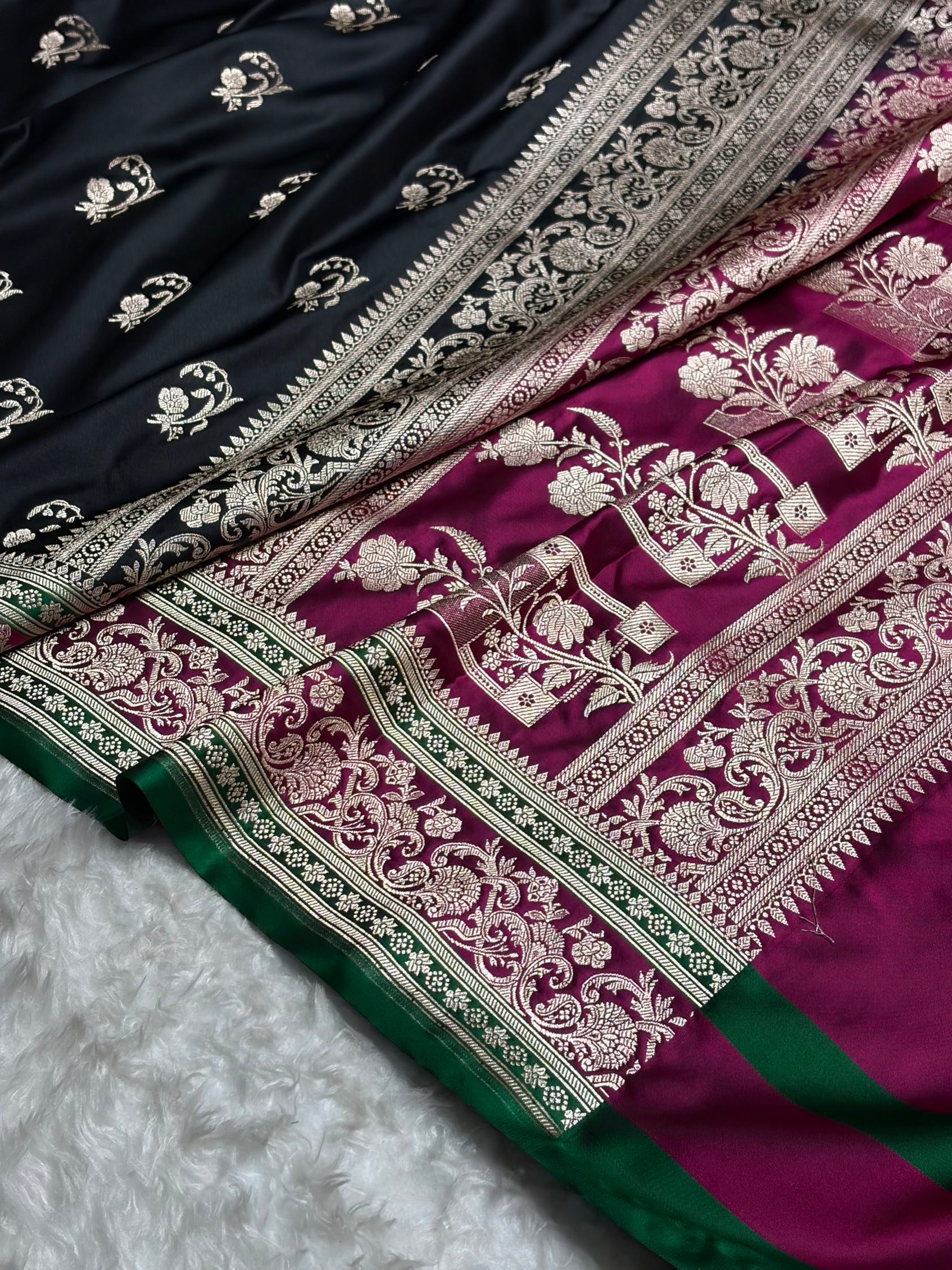 Banarasi Black With Contrast Rani Floral Border Mashru Silk Saree MSM-100