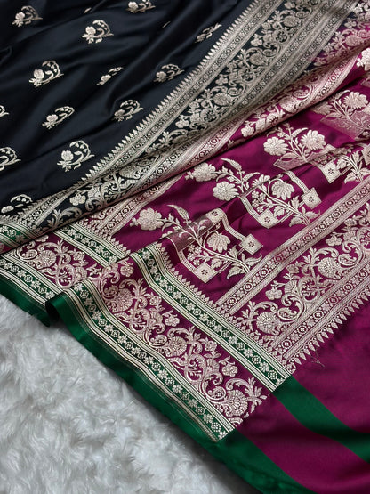 Banarasi Black With Contrast Rani Floral Border Mashru Silk Saree MSM-100