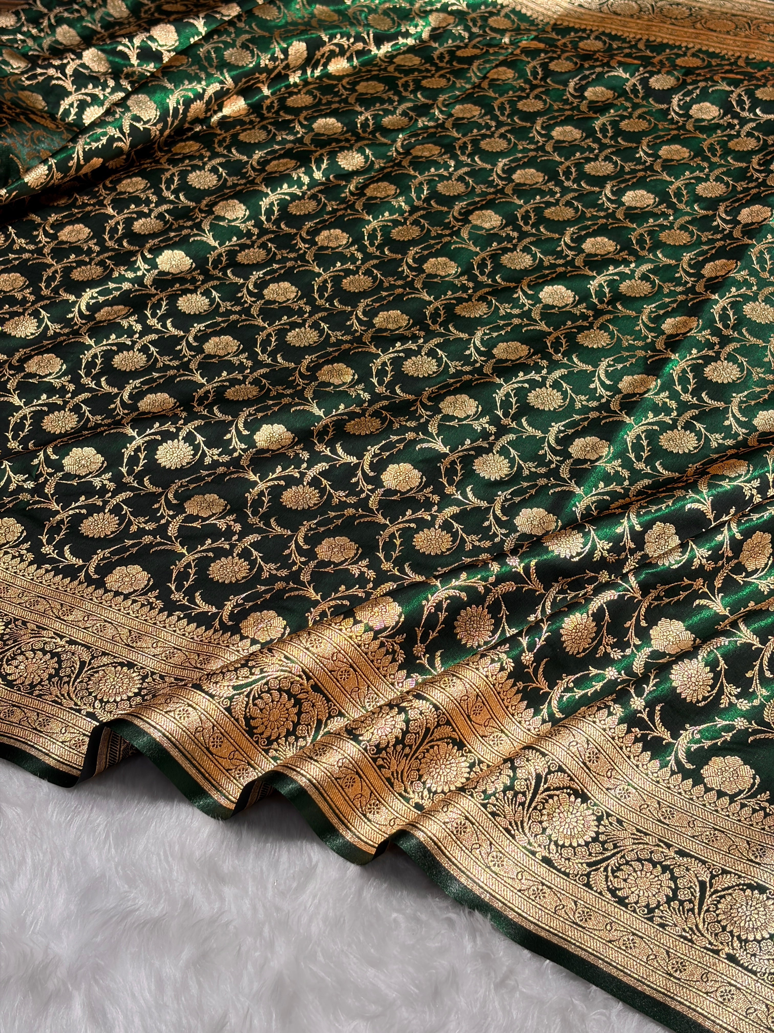 Ultra Light Weight Satin Silk Jaal in Dark Bottle Green Shades SS13