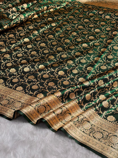 Ultra Light Weight Satin Silk Jaal in Dark Bottle Green Shades SS13