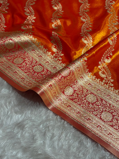 Fire Gold Contrast Shades Cross Pattern Banarasi Satin Silk Saree SS39