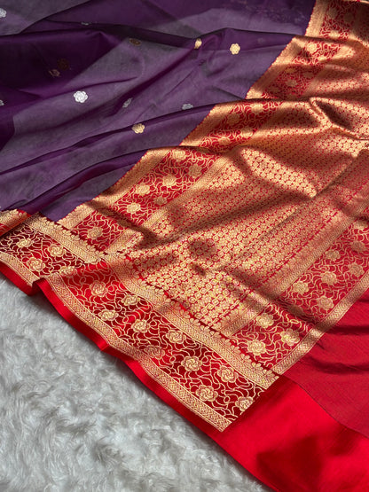 Contrast Pure Banarasi Organza Wine With Red Floral Banarasi Silk Saree PO-10