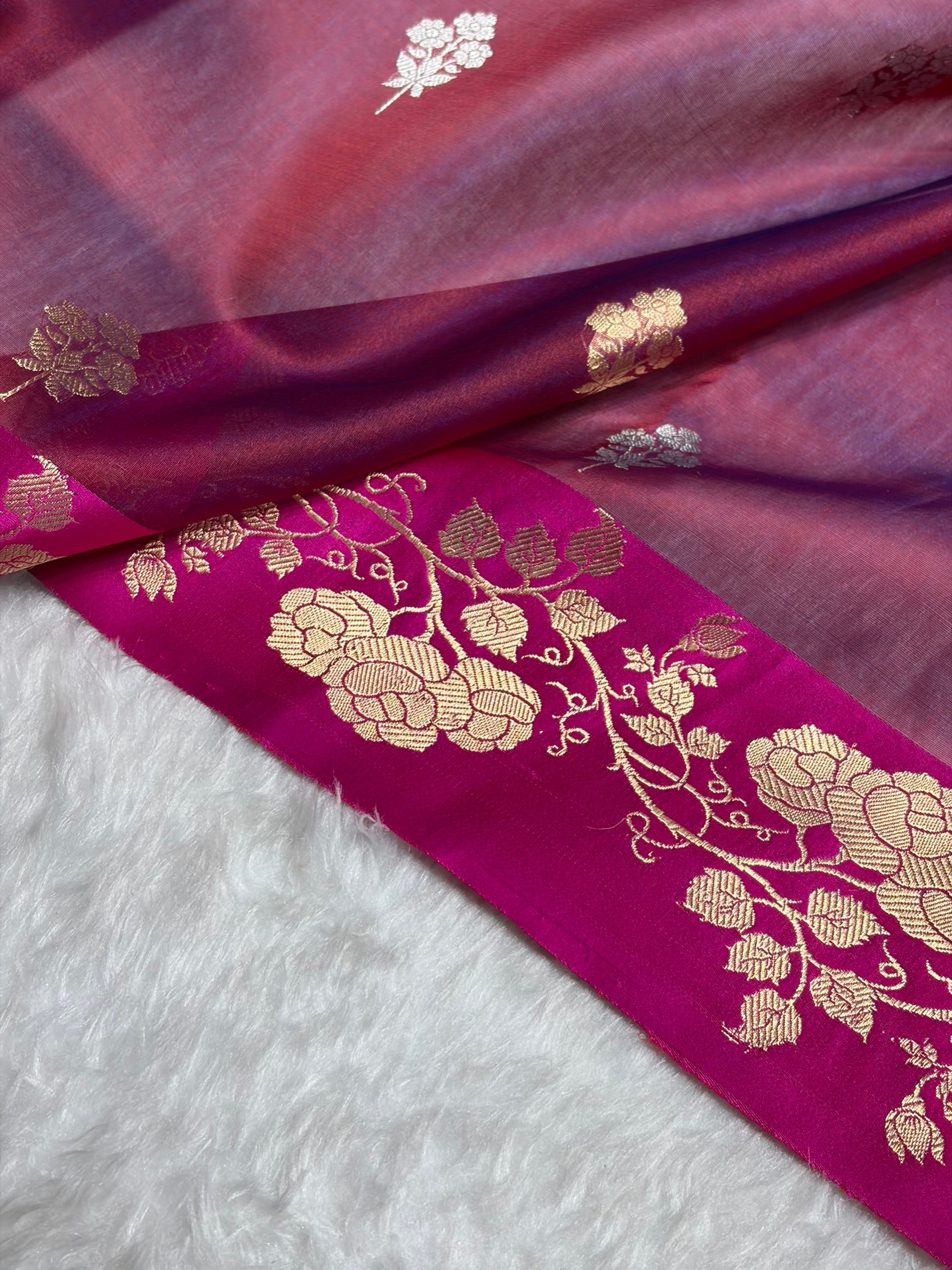 Contrast Pure Banarasi Organza Cross Pink With Rani Floral Banarasi Silk Saree PO-13