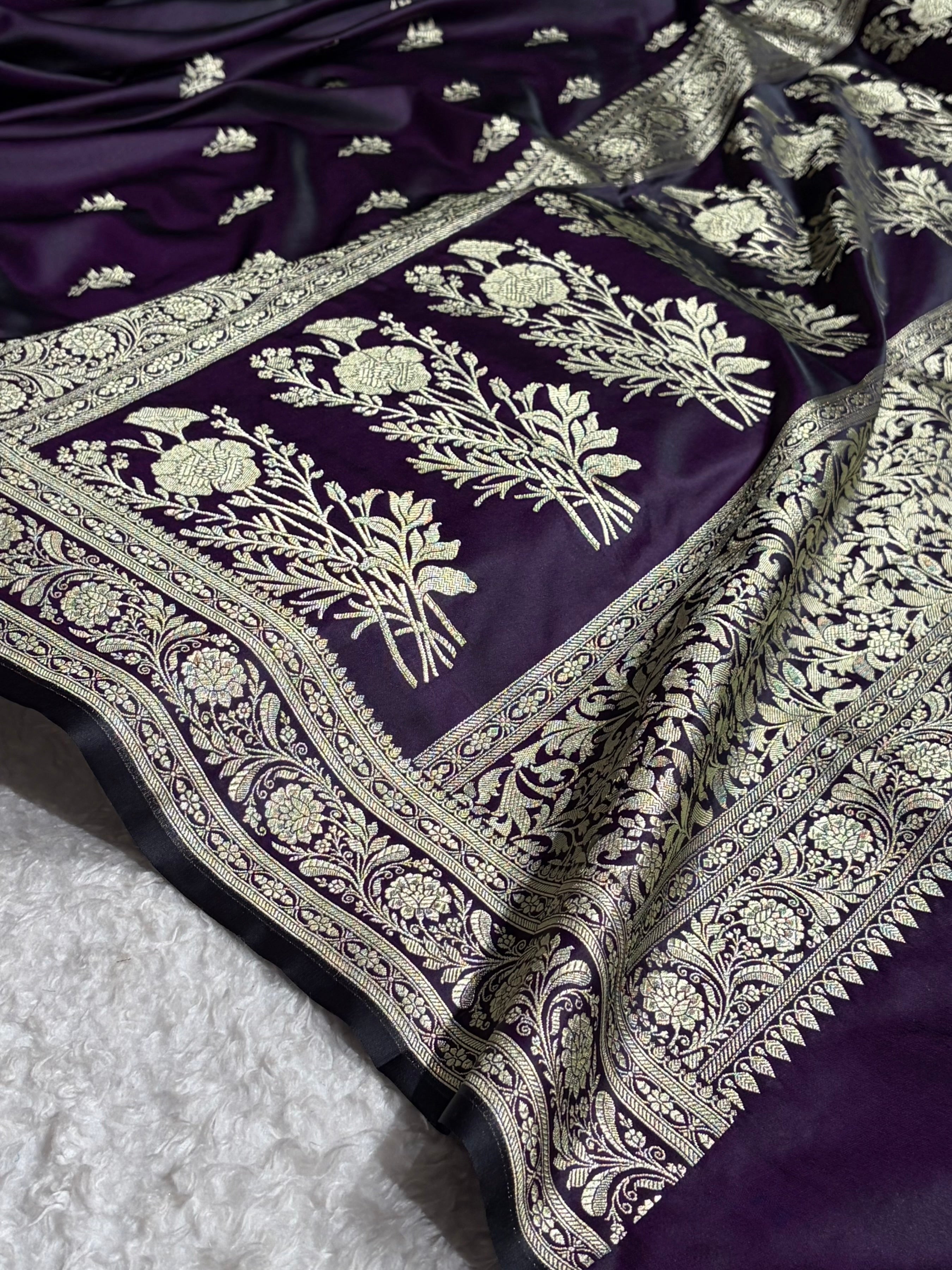 Cross Wine Shades Banarasi Boota Pattern Floral Mashru Silk Saree MSM-120