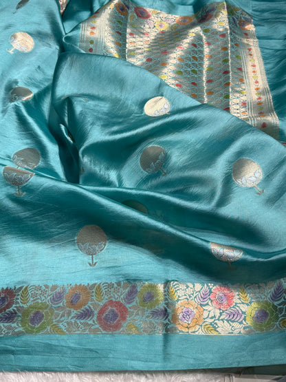 Aqua Green Flower Boota Pure Caramel Mango Silk Saree