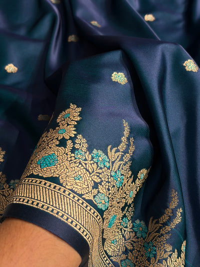 Banarasi Satin Katan Saree Booti Minakari Pattern in German Blue Shades SK136