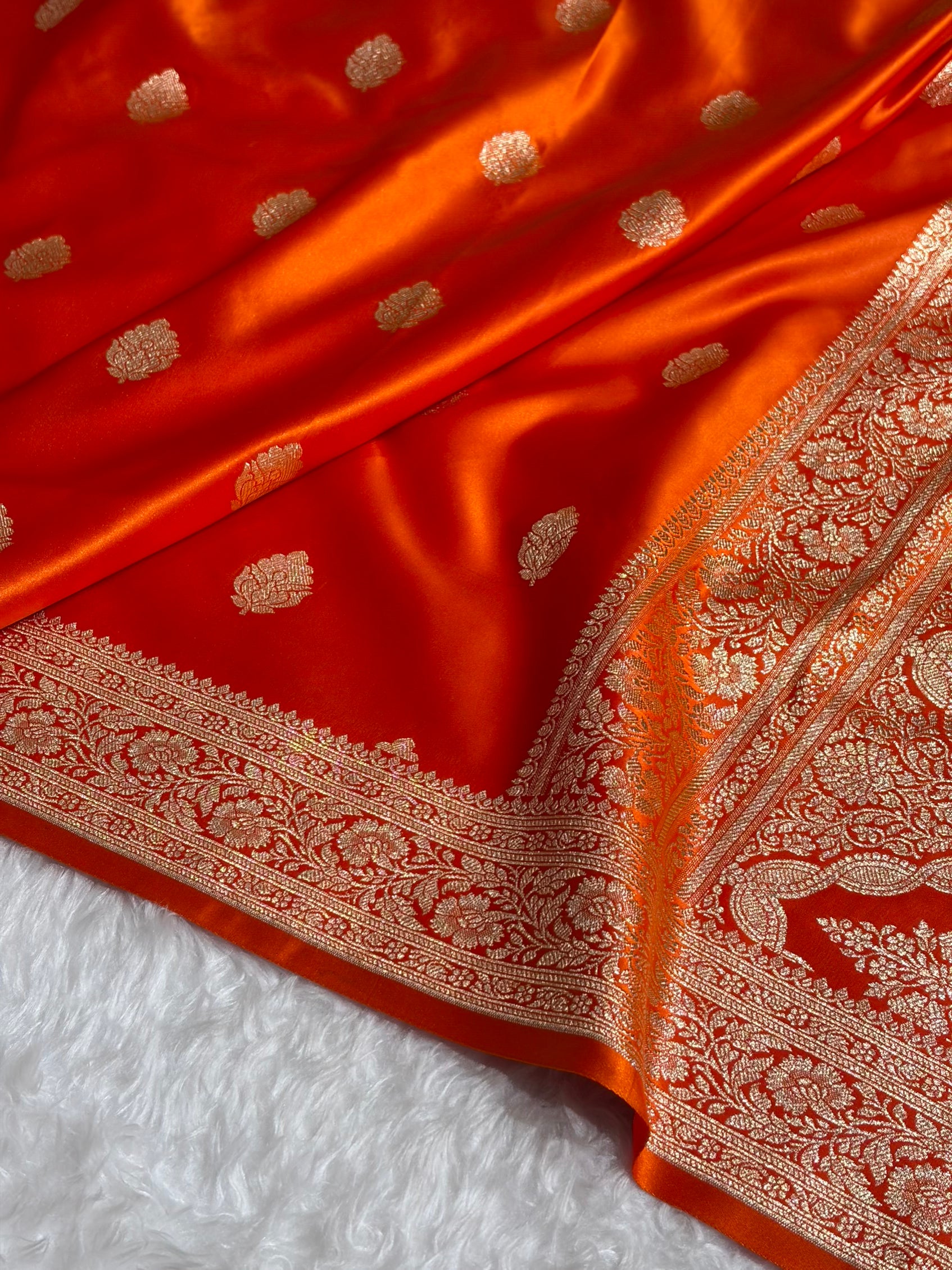 Banarasi Fanta Orange Booti Pattern Satin Katan Silk Saree SK65