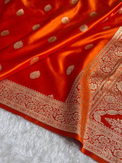 Banarasi Fanta Orange Booti Pattern Satin Katan Silk Saree SK65