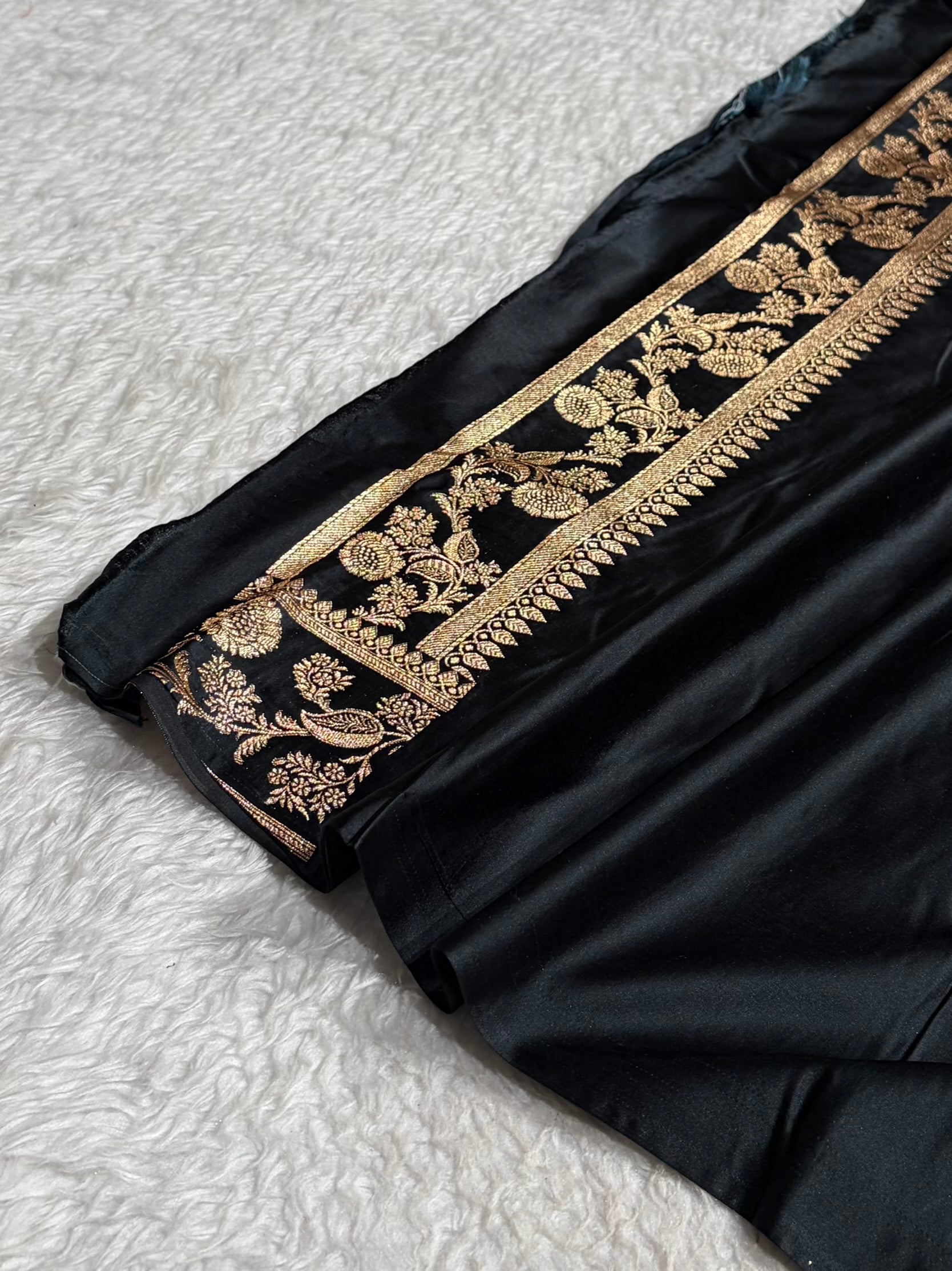 Black Floral Pattern Satin Katan Silk Saree SK77