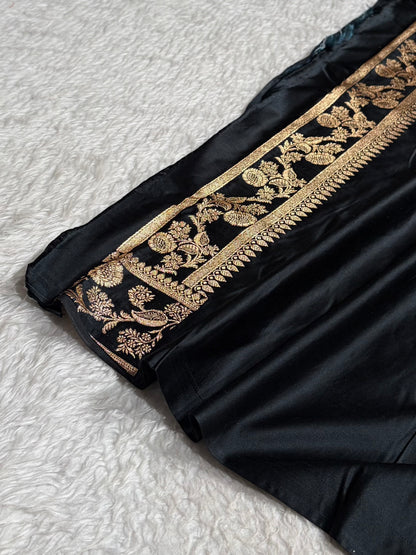 Black Floral Pattern Satin Katan Silk Saree SK77