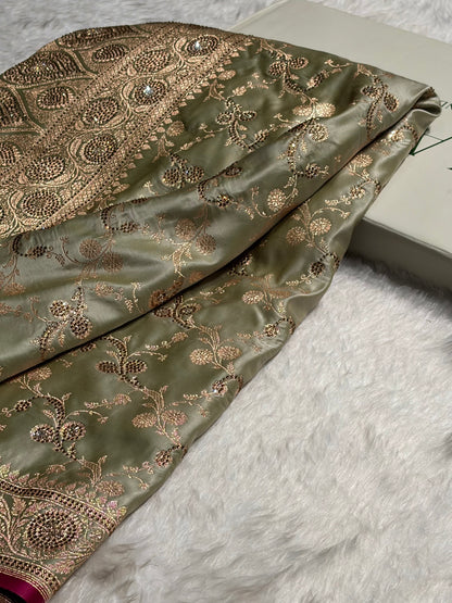 Pista Shades Cross With Swarovski Work Satin Katan Silk Saree BSK17