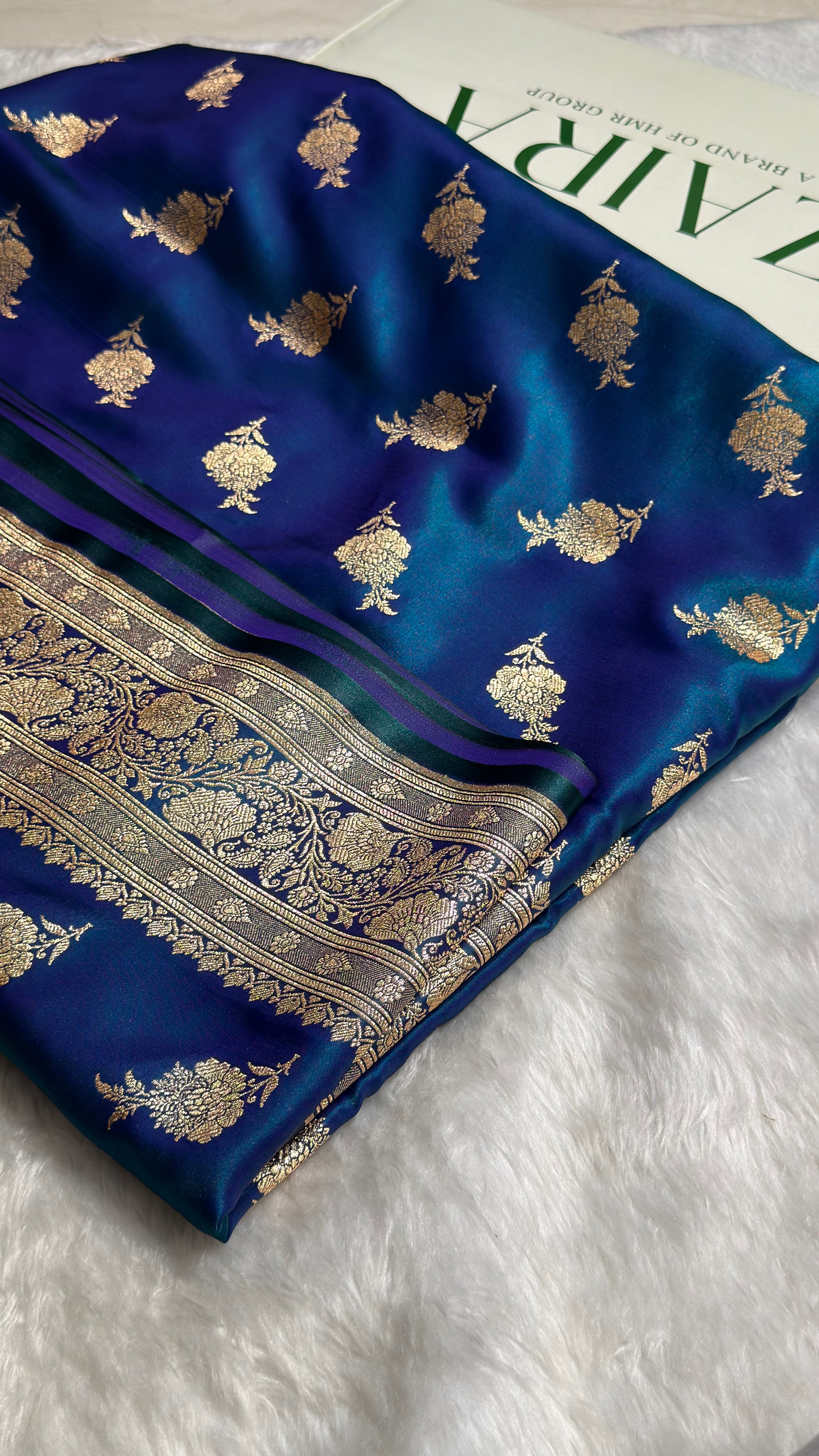 Satin Silk Saree Floral Boota in Peacock Shades In Nine Yards SSNY26