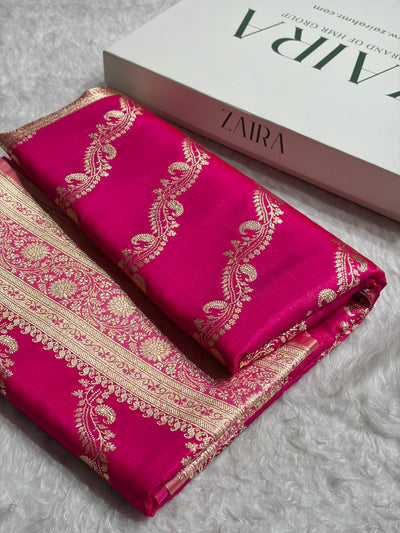 Pink Contrast Shades Cross Pattern Banarasi Satin Silk Saree SS39