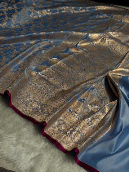 Nile Blue Jaal Pattern Satin Katan Silk Saree SK25