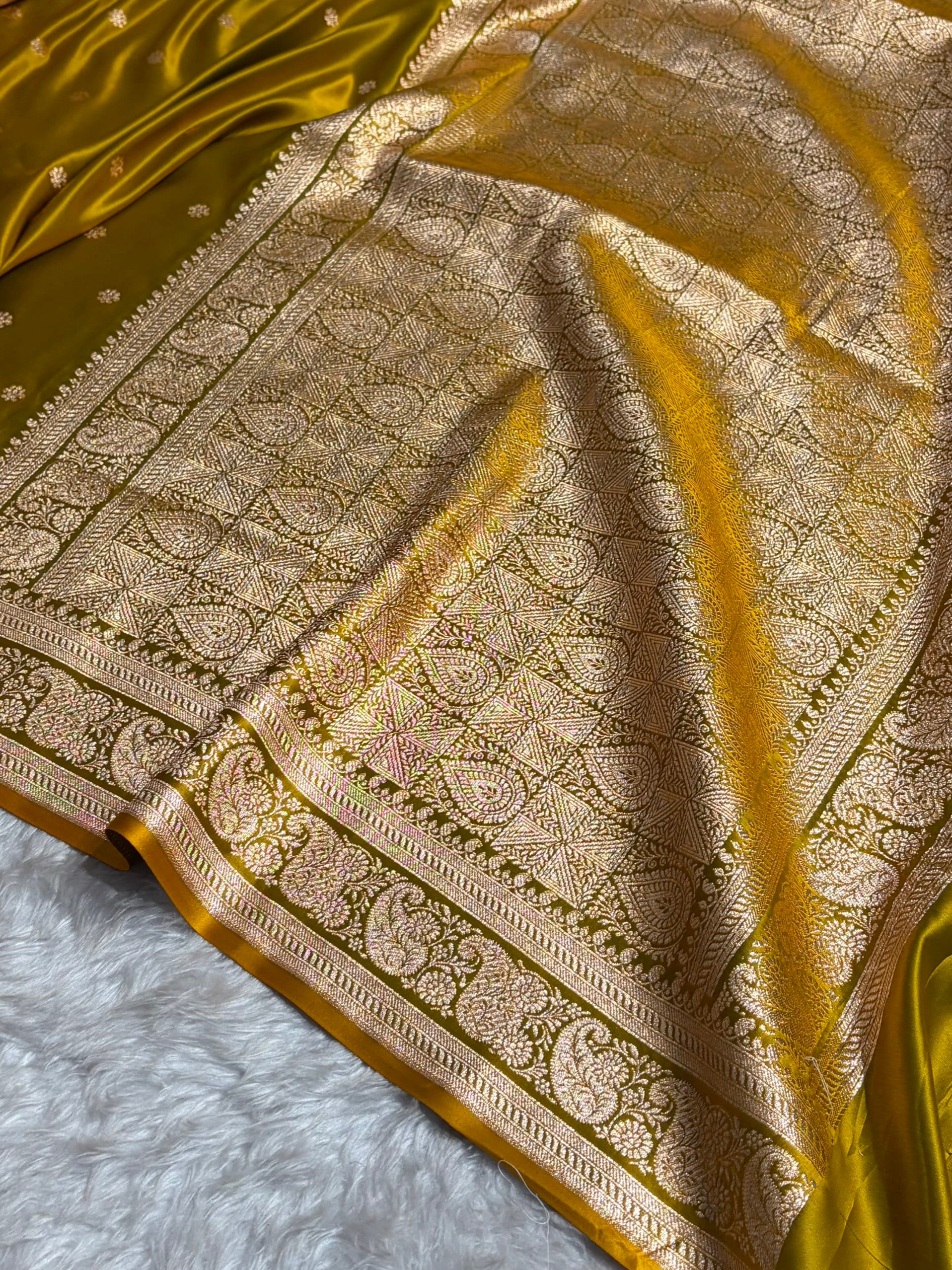 Banarasi Satin Katan Saree With Boota Pattern in Mahndi Shades SK127