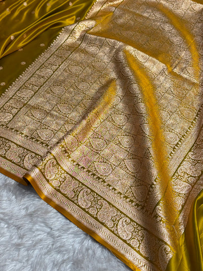 Banarasi Satin Katan Saree With Boota Pattern in Mahndi Shades SK127