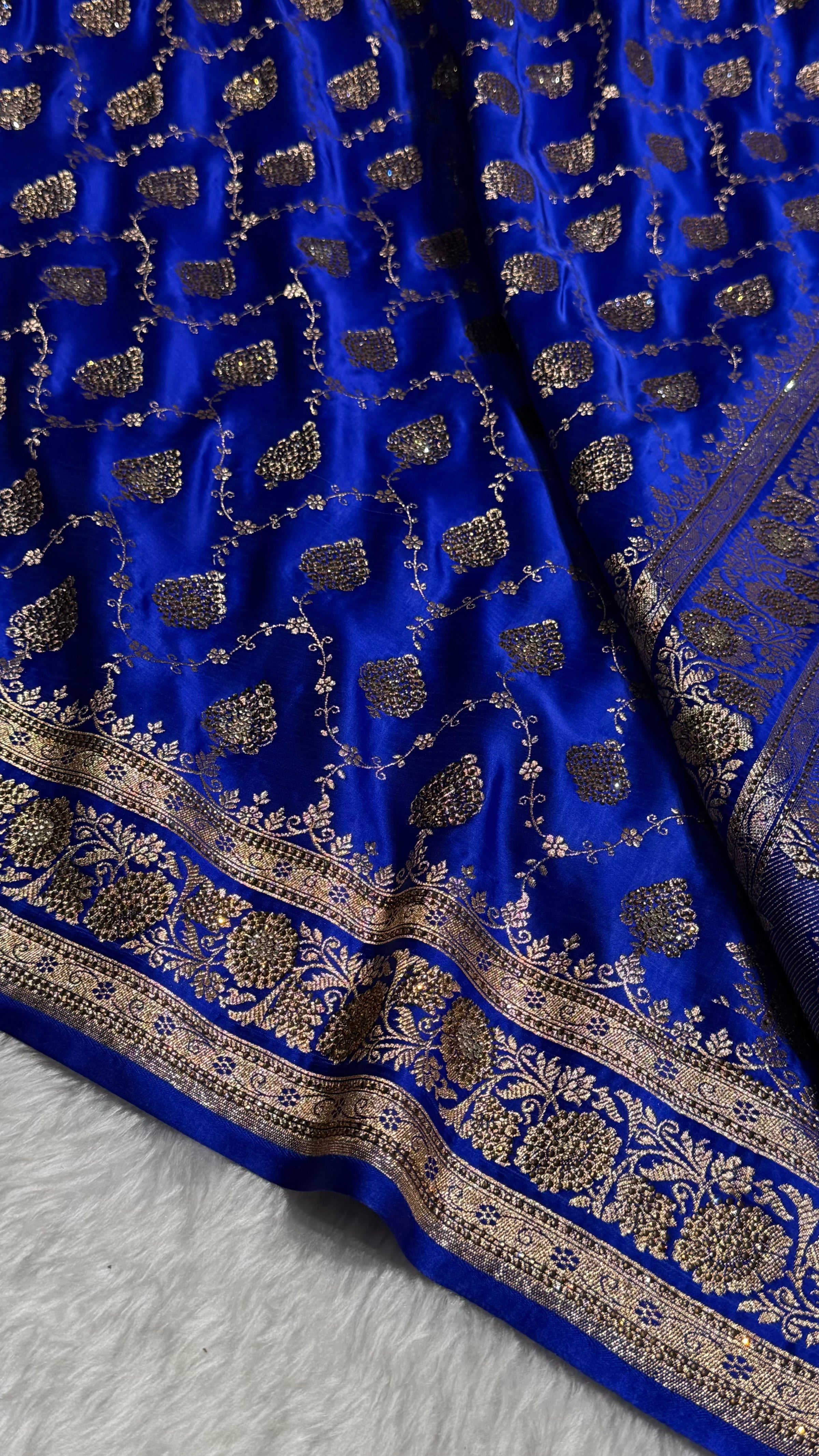 Royal Blue Floral Jaal Pattern Satin Katan Silk saree BSK42