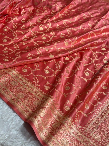 Strawberry Shades Floral Jaal Pattern Satin Katan Silk saree SK55