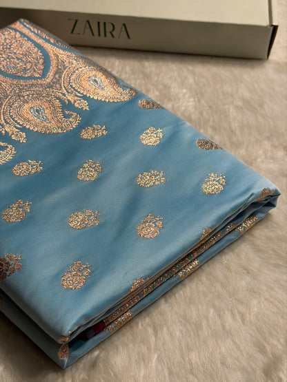 Floral boota Satin katan Silk Saree In Sky Blue Shades SK12