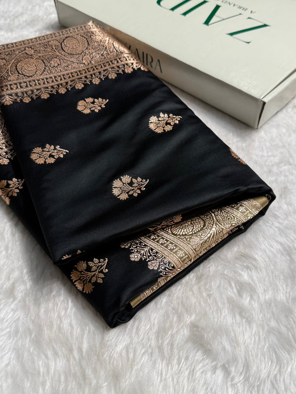 Black - Cream Banarasi Boota Katan Silk Saree