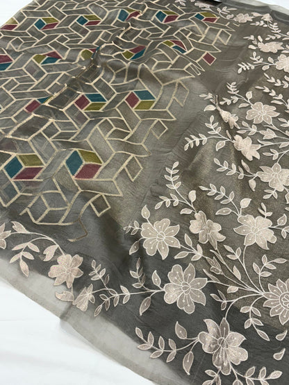 Banarasi Pure Organza Smoky Grey Shades Banarasi Silk Saree