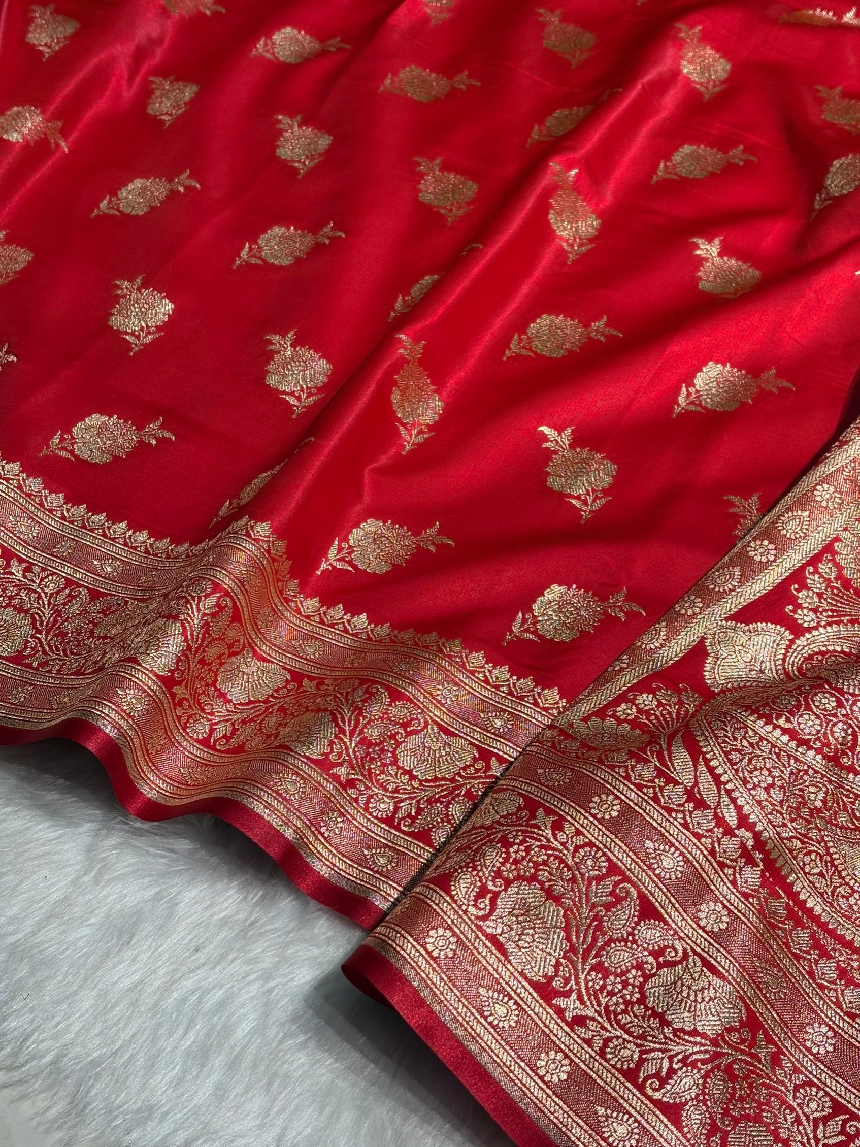 Satin Silk Saree Floral Boota in Red Shades SS26