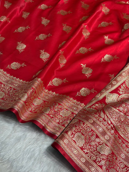 Satin Silk Saree Floral Boota in Red Shades SS26