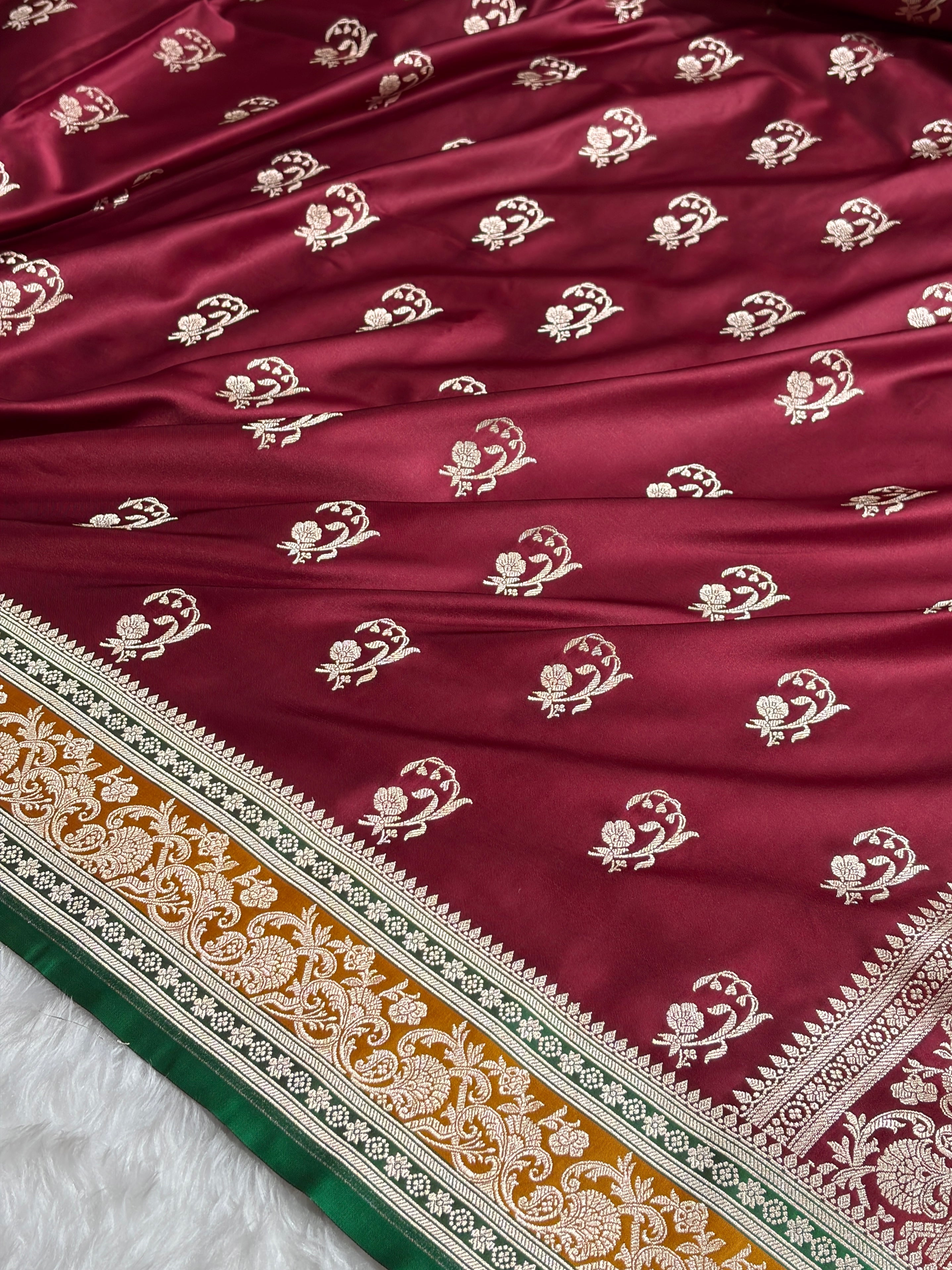 Banarasi Chocolate With Contrast Mustard Floral Border Mashru Silk Saree MSM-100